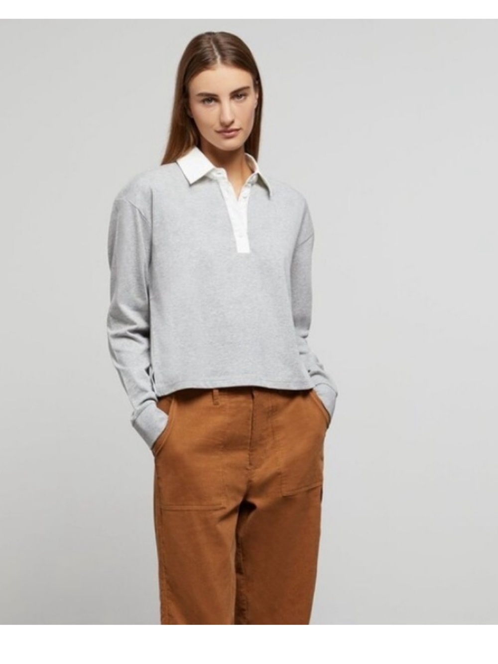 Onia Light Gray Long-Sleeve Polo Top with White Collar